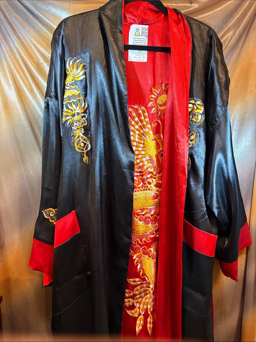 Vintage satin rob reversible Embroidered Black &‎ Red Satin robe belt 222